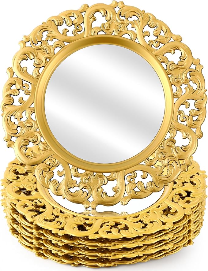Maxdot 6 Pcs 13" Gold Mirror Charger Plates for Dinner Plates Plastic Round Embossed Edge Dinner Chargers for Table Setting Wedding Party Christmas Holiday Supplies Elegant Tabletop