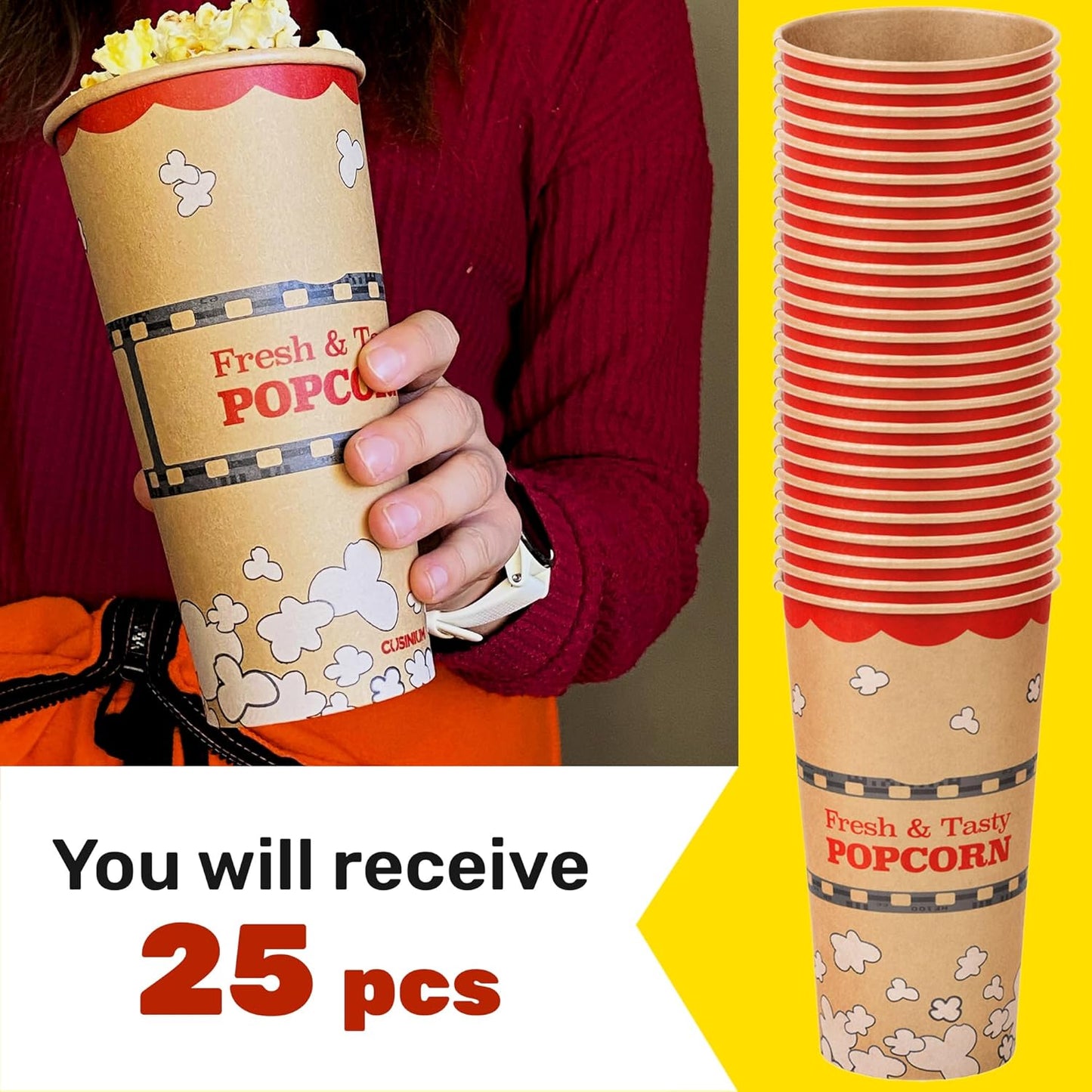 CUSINIUM 24 oz 25-Pack Kraft Popcorn Buckets - Large Popcorn Tubs