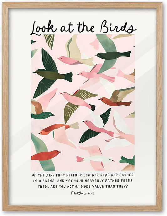 EcoHest OAK Wood Framed Wall Art, 12x16in Matthew 6 Look At the Birds of the Air Bible Verse Christian Wall Art, Modern Bedroom Decor For Living Room Bathroom Religious Gift 1Pack