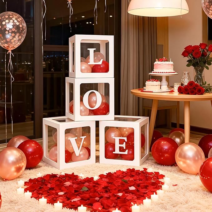 Valentines Day Party Decorations, Balloon Boxes with Letters/ 32" LOVE Balloons/Rose Gold and Red Balloons for Galentines Mothers Day Wedding Proposal Engagement Anniversary Party Decorations