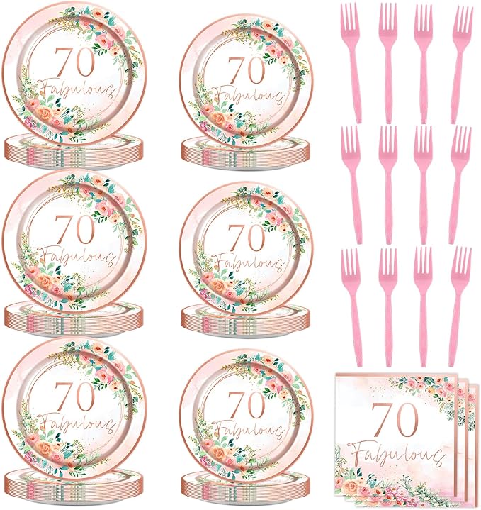 OBUSATT 96Pcs Floral 70 Fabulous Party Supplies 70th Birthday Paper Plates Napkins Rose Gold Party Decorations 70 Years Dinnerware Party Favor Women 70th Tableware Serves 24