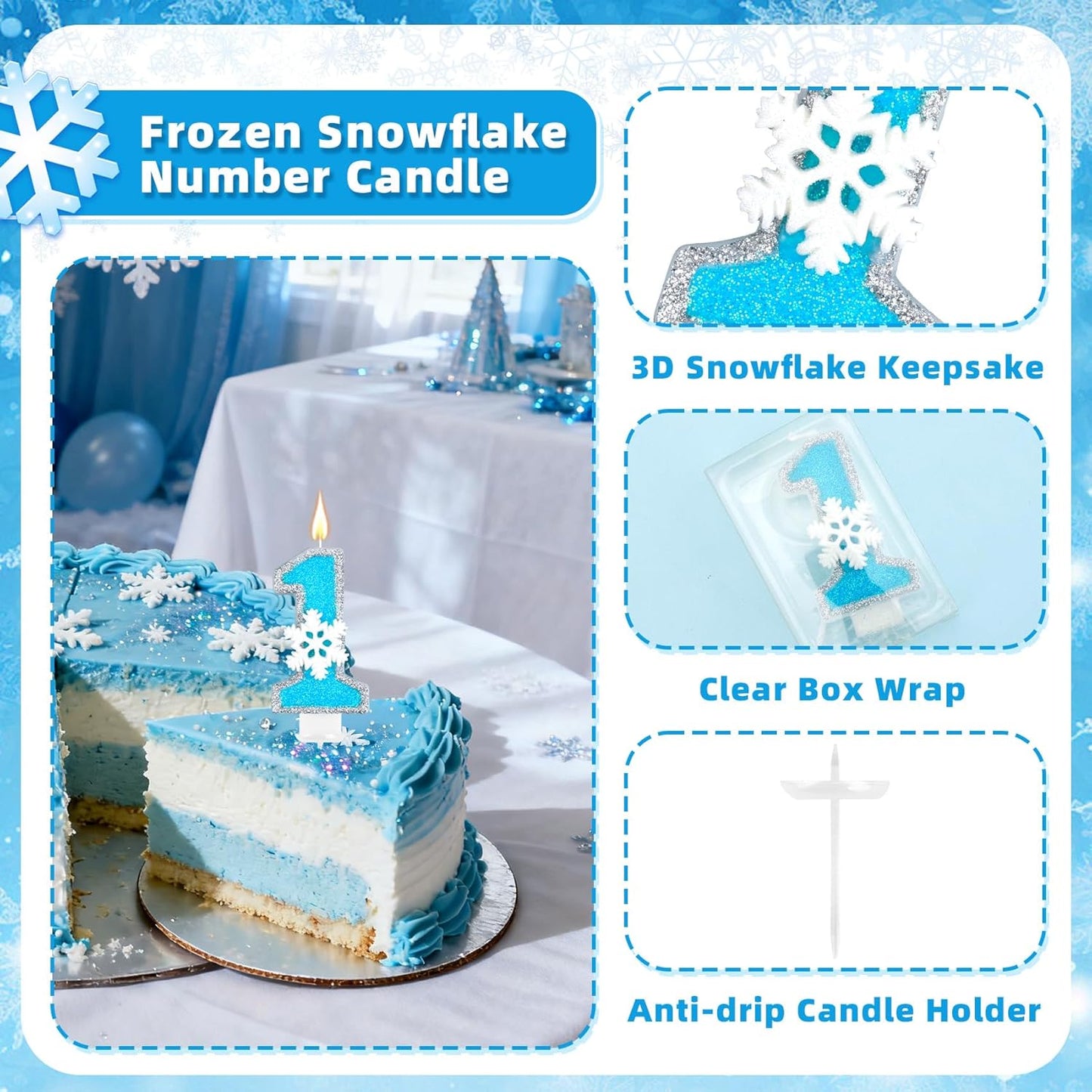 Frozen Themed Birthday Candles Party Decorations, Blue and Silver Number 1 Birthday Candle, Happy Birthday Candle for Cake, Snowflake Cake Topper Decoration for 1st 1 Year Old Party Favor Supplies