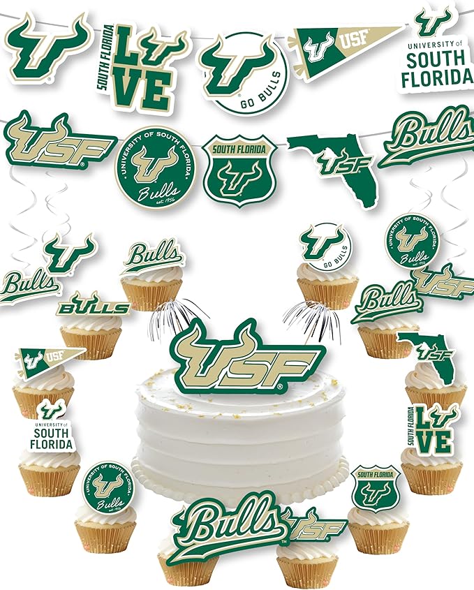 University of South Florida Party Supplies for USF Football, Birthday Gift, Graduation Party Banner and Cake Toppers (42 Pieces)(South Florida Bulls)