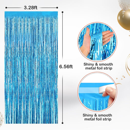 2 Pack Light Blue Metallic Tinsel Foil Fringe Curtains, Door Streamers Photo Booth Backdrop for Birthday Party, Tinsel Curtain Backdrop for Baby Shower Bachelorette Christmas Party Decorations