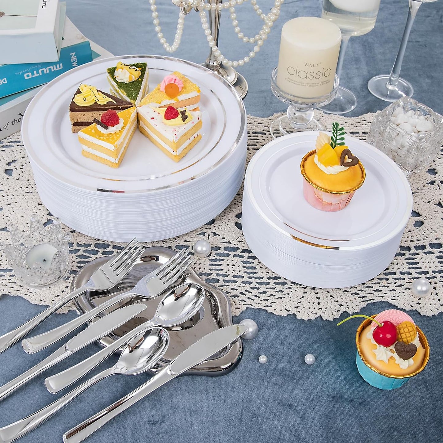 WELLIFE 450 PCS Silver Disposable Dinnerware Set for 75 Guests, Wedding Plates Silver Plastic Plates for Party, Including 75 Dinner Salad Plates, Cups, Forks Knives Spoons for Wedding and Party