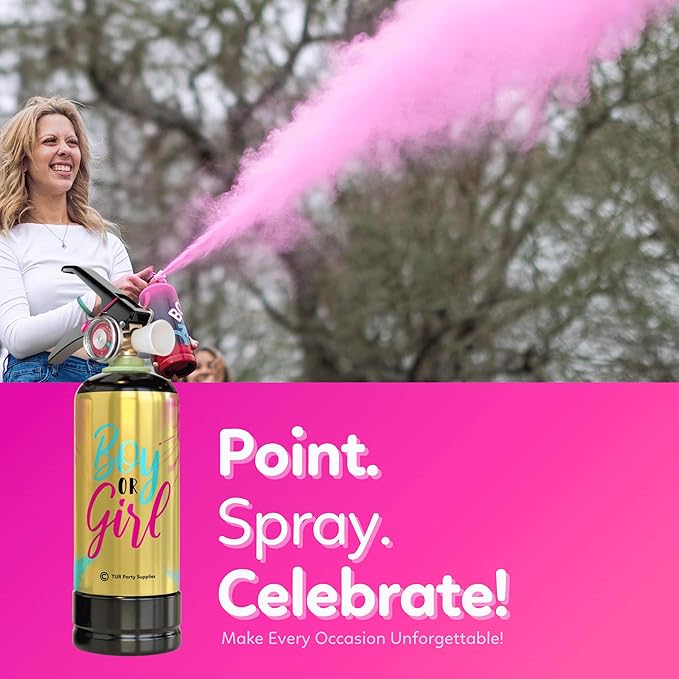 Pink Baby Gender Reveal Fire Extinguisher Smoke Bombs Powder Cannon Gold | 1 Pink | Fireworks Alternative | Biodegradable | Decorations for Photoshoots, Celebrations, Parties | TUR Party Supplies