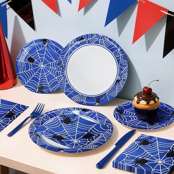 75pcs Spider Party Supplies, 25 Guest Disposable Blue Paper Plates & Napkins, Tableware Decorations Favors, Including 9" & 7" Plates & Napkins for Halloween, Birthday, Parties, and Everyday Use