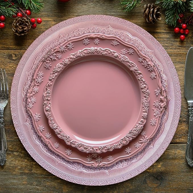 13" Foil-Pink Charger Plates, Lace Embossed Elegant Charger Plate Set of 6, Round Server Ware Chargers for Dinner Plate, Reusable Bulk Table Setting for Party or Event