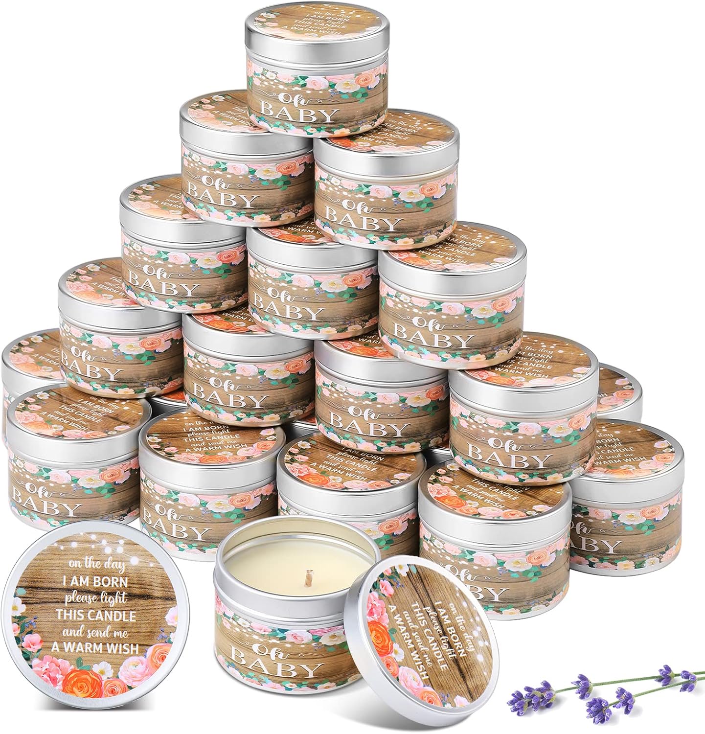 MTLEE 24 Pcs Wood Grain Baby Shower Party Favors Candles Lavender Scented Baby Shower Favors for Guests Rustic Tealights Candles Gender Reveal Return Gifts Girl Boy(1.2 Oz, Khaki)