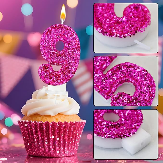 Zailo Birthday Number Candles, Glitter Number Candle Cake Decorations with Sequins, Cupcake Decorations for Girls, Women, Party Anniversary Celebrations (Number 9, Bright red)