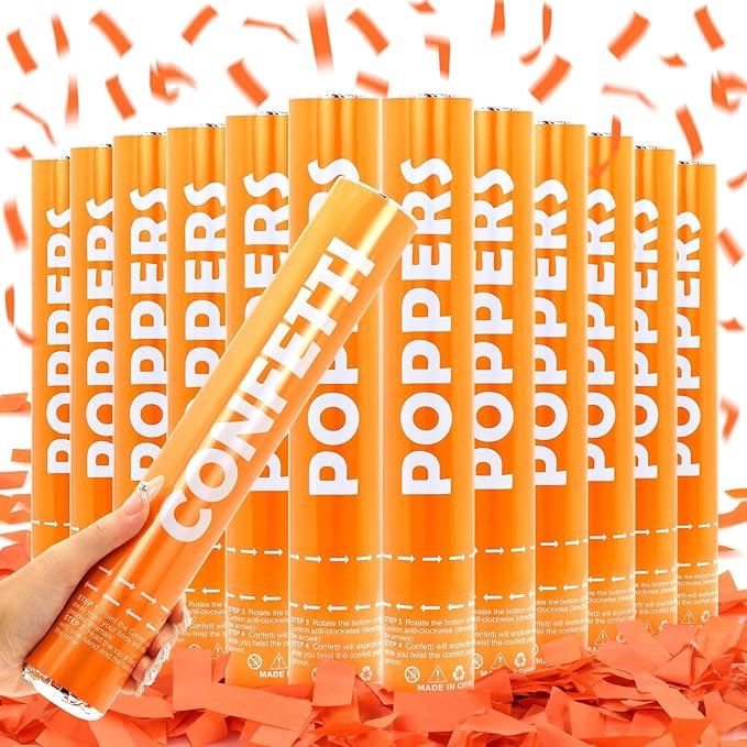 Confetti Cannon 12Pack Orange Party Popper Shooters 12 Inch Confftti Poppers for Wedding Birthday Graduation Christmas New Year Eve Party Supply Launches 20-25ft