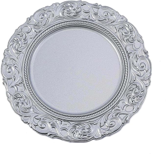 Efavormart Set of 6 SILVER 14" Round Plastic Charger Plates With Engraved Baroque Design Rim For Wedding Party Events
