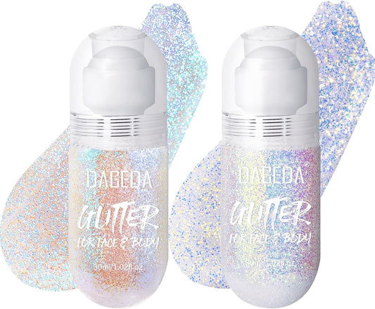 DAGEDA 2Colors Roll-on Body Glitter Gel for Body, Hair, Face, Holographic Glitter Makeup for Rave Accessories, Body Shimmer for Halloween Makeup(Fantasy + Ocean Glow)
