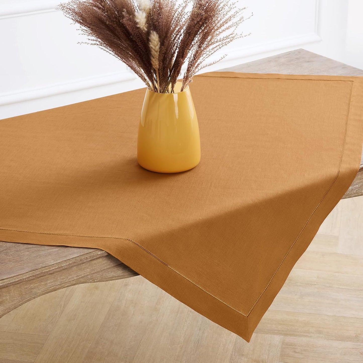 Solino Home Square Linen Tablecloth 52 x 52 Inch - 100% Pure Linen Brown Sugar Table Throw - Classic Hemstitch, Machine Washable Table Cloth for Fall, Autumn, Thanksgiving