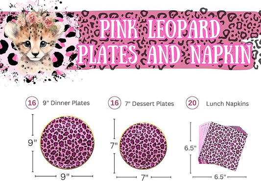 Blue Orchards Pink Leopard Party Plates and Napkins (52 pieces for 16 Guests) - Pink Leopard Party Decorations, Pink, Cheetah, Cheetah Party, Two Wild Birthday for Girls