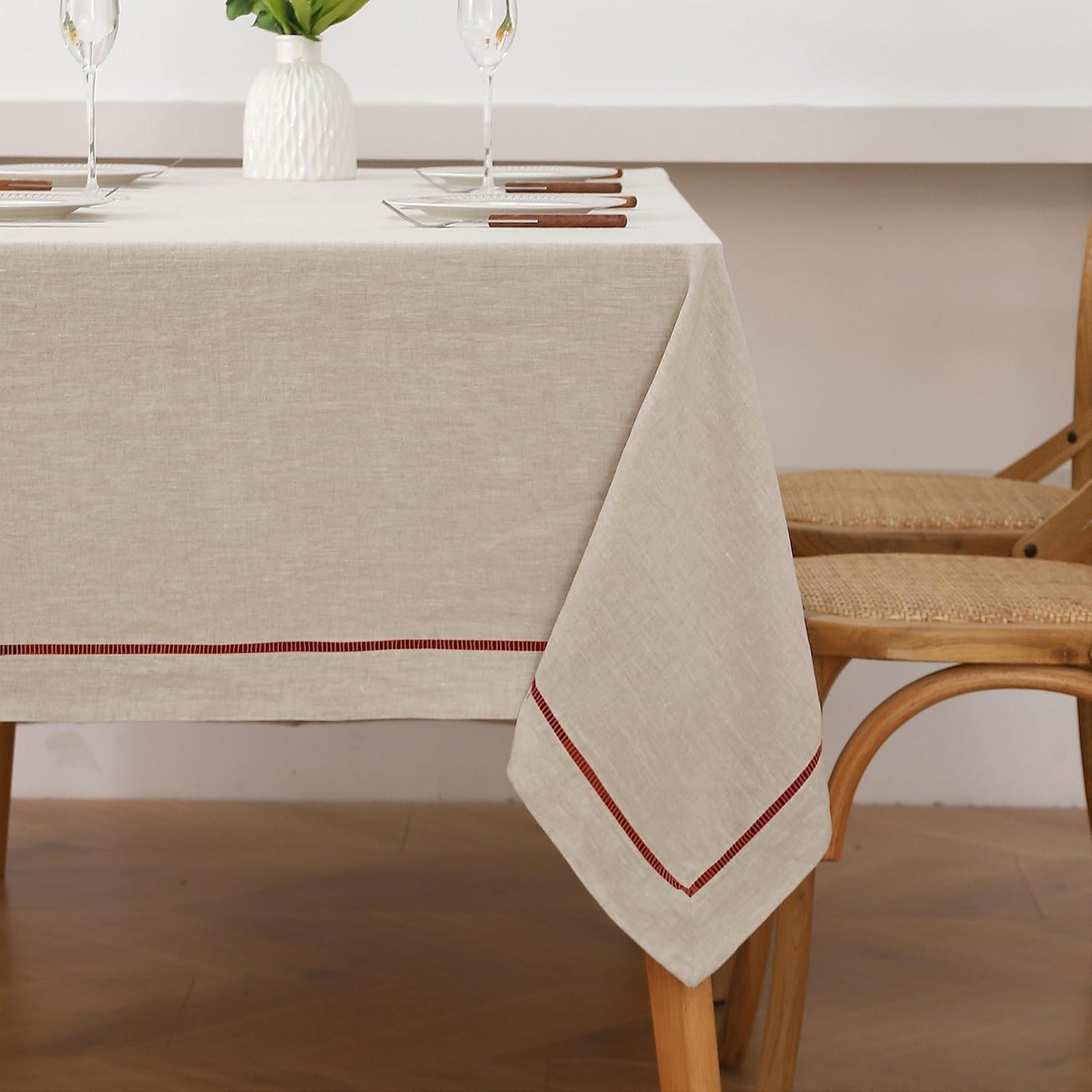 Linen World Hemstitch Linen Tablecloth,100% Natural French Flax,60x90Inch Handcrafted Natural-Rust Linen Table Cloth,Tabletop,Table Cloths for Kitchen,Dining,Daily Use