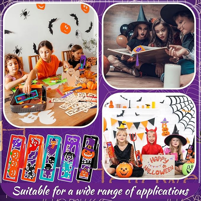 Yexiya 100 Pcs/50 Set Halloween Bookmark, DIY Wooden Bookmarks Bulk for Book Lovers, Halloween Bookmarks Decoration, Ghost Skull Witch Book Markers Art Set for Birthday Holiday Gift Art Project