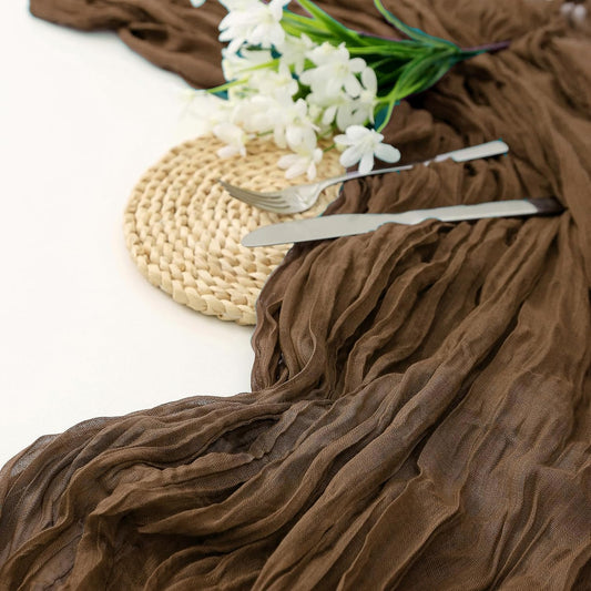 DOLOPL 13.3ft Brown Cheesecloth Table Runner for Winter Wedding Decorations Boho Gauze Cheese Cloth Table Runners for Baby Shower Birthday Party Table Decorations
