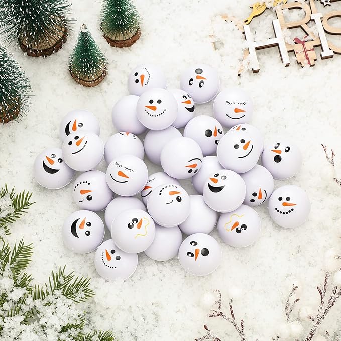 Zhanmai 32 Pcs Winter Snowmen Stress Balls Bulk Small Snowball Face Toys Relief Squeeze Sets for Winter Party Gifts Goodie Bag Fillers Holiday Decorations (1.6 Inch)