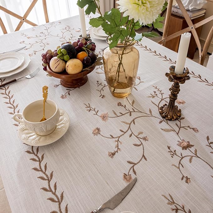 Joyfol Day Linen Waterproof Tablecloth with Tassels, Rustic Farmhouse Flowers Embroidery Table Cloths for Rectangle Tables, Heavy Weight Spill-Proof Table Covers, Coffee Florals, 55''x 102''