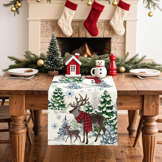 Artscope Reindeer Snowman Christmas Tree Table Runner, Xmas Winter Snowflakes Holiday Kitchen Dining Table Decoration for Christmas Home Party Decor 13x120 Inch-Beige
