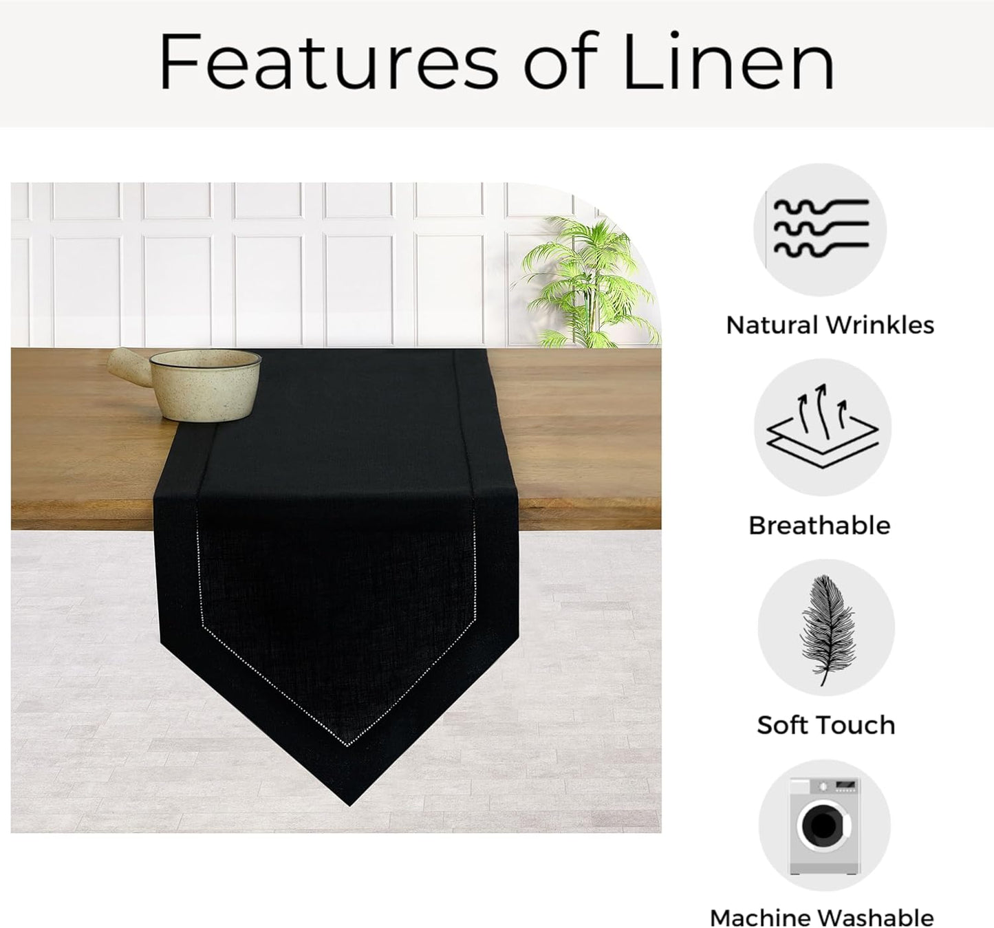 D'Moksha Homes Black Linen Table Runner 60 Inches Long - 100% Pure Linen Diamond Table Runner 14 x 60 Inch for Dining, Fall and Halloween - Machine Washable