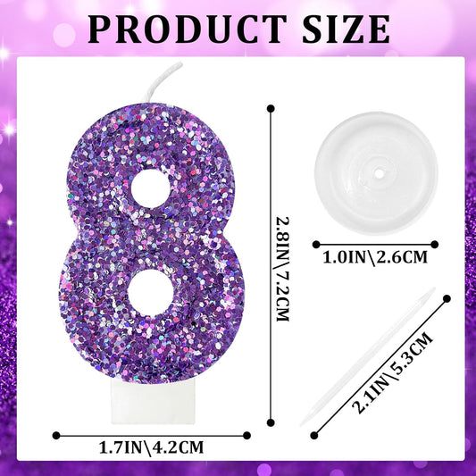 Birthday Number Candles, Glitter Number Candle Cake Decorations with Sequins, Cupcake Decorations for Girls, Women, Party Anniversary Celebrations (Number 8, Purple)