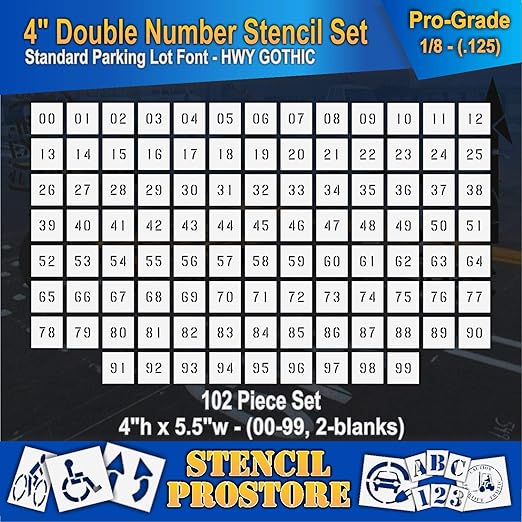 Pavement, Curb, and WheelStop Stencils - 4 inch Double Number Stencil Set - (00-99) - (102 Piece) - 4" x 5.5" x 1/8" (128 mil) - Pro-Grade