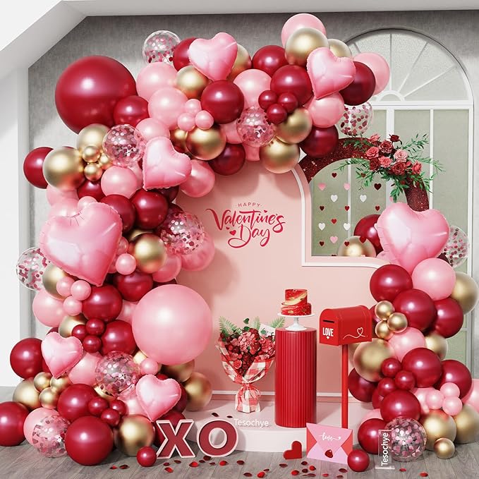 142 Pcs Valentine's Day Balloon Garland Arch Kit with Love Foil Balloons,Burgundy Maroon Gold Pearl Pink Confetti Balloons for Birthday Mother's Day Anniversary Bridal Wine Party Wedding Decorations
