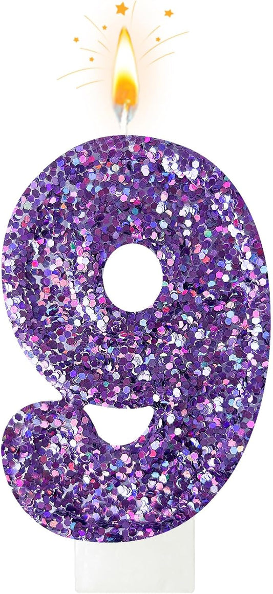 Birthday Number Candles, Glitter Number Candle Cake Decorations with Sequins, Cupcake Decorations for Girls, Women, Party Anniversary Celebrations (Number 9, Purple)