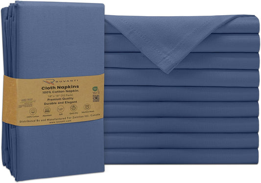 Ruvanti Premium Cloth Napkins Set of 12, 18x18 Inches, 100% Cotton, Washable, Soft & Absorbent, Perfect for Wedding, Christmas, ‎Thanksgiving Dinners - Bijou Blue
