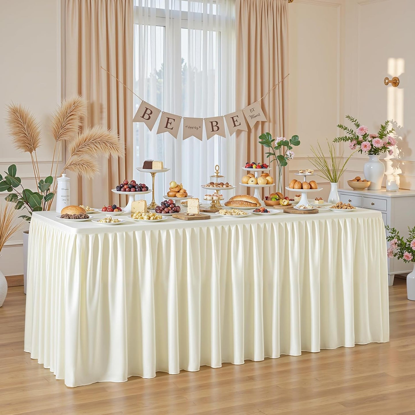 Cream White Polyester Table Clothes for 8 Foot Rectangle Tables, Wrinkle Free Fitted Table Cover with Pleated Ruffle Table Skirt for Birthday Party Wedding Trade Show Event Display