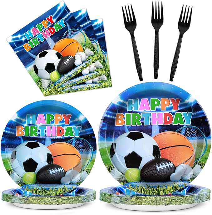 OBUSATT 96Pcs Sport Theme Party Supplies Basketball Paper Plates Napkins All-Star Party Decorations Dinnerware Favor Basketball Forks Football Baseball Soccer Decor Birthday Tableware Serves 24