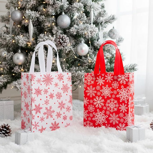 Wovnet 30 Pcs Christmas Bags Bulk Red White Snowflake Winter Merchandise Gift Bags with Handles Reusable Non Woven Tote Shopping Goodie Pouch for Xmas Party Favors 10 x 8 x 4in
