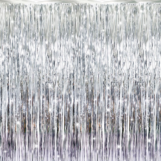 GOER 3.2 ft x 8.2 ft Metallic Tinsel Foil Fringe Curtains Party Photo Backdrop Party Streamers for Birthday,Graduation,New Year Eve Decorations Wedding Decor (Silver,1 Pack)