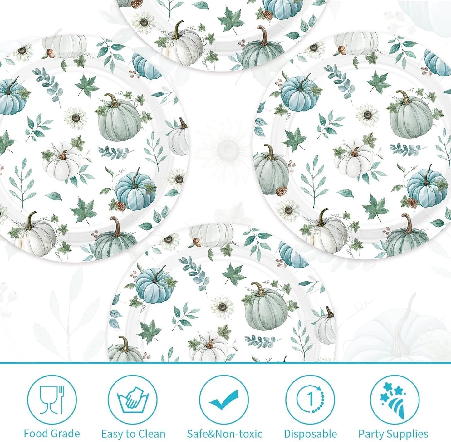 Grencian 50Pcs Fall Blue Pumpkin Plates 9” Heavy Duty Thanksgiving Disposable Paper Plates Blue and White Pumpkin Desert Platters for Thanksgiving Harvest Fall Party Decorations