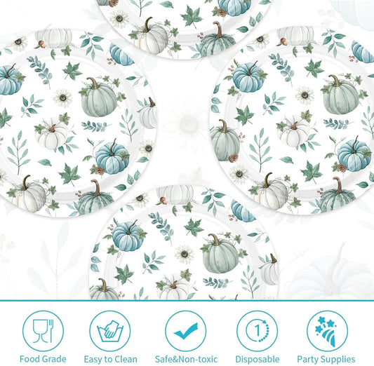 Grencian 50Pcs Fall Blue Pumpkin Plates 9” Heavy Duty Thanksgiving Disposable Paper Plates Blue and White Pumpkin Desert Platters for Thanksgiving Harvest Fall Party Decorations