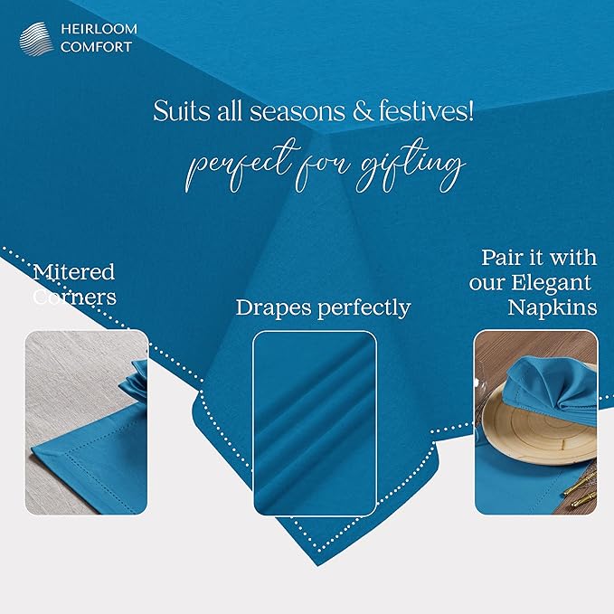 Turquoise Blue Tablecloth, Table Cover 60x84 Inch, 100% Cotton, Fits 6-8 Seats, Durable, Washable, Wrinkle Resistant, Rectangle Table Cloth for Dining, Party, Events, Outdoor Use