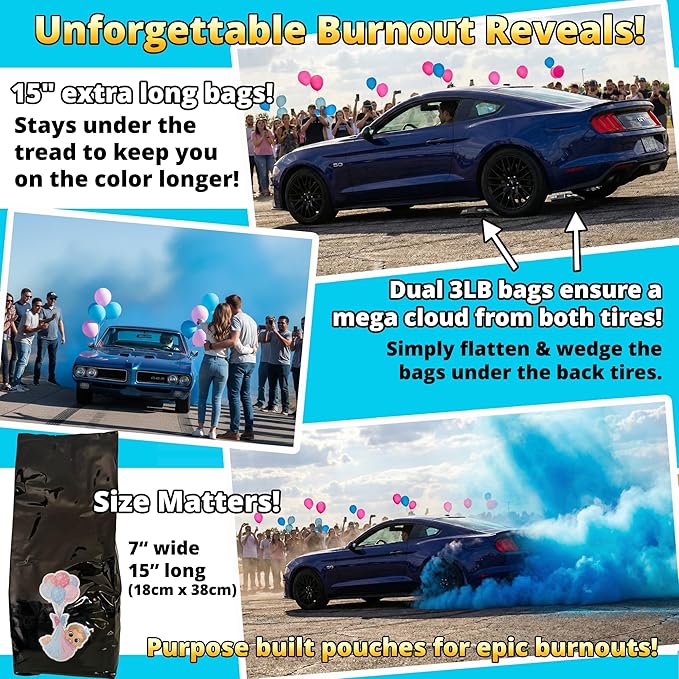 Baby Boy Gender Reveal Powder – 6 lbs, Blackout Bags, Vibrant Blue Powder for Tire Burnout Smoke, Exhaust Color & Target to Shoot. Leakproof & Non-Toxic Party Kit. 2 x 3LB + Gender Reveal Idea Guide
