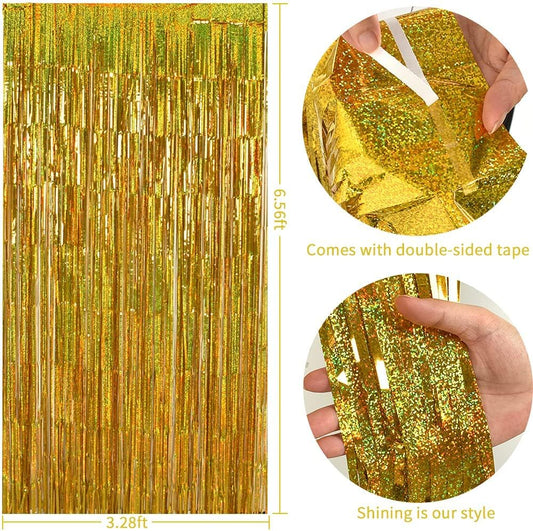 TONIFUL 3Pcs Laser Gold Door Streamers, Metallic Foil Fringe Curtains for Birthday, Christmas, New Year, Bachelorette, Graduation Parties (9.9ft x 6.6ft)