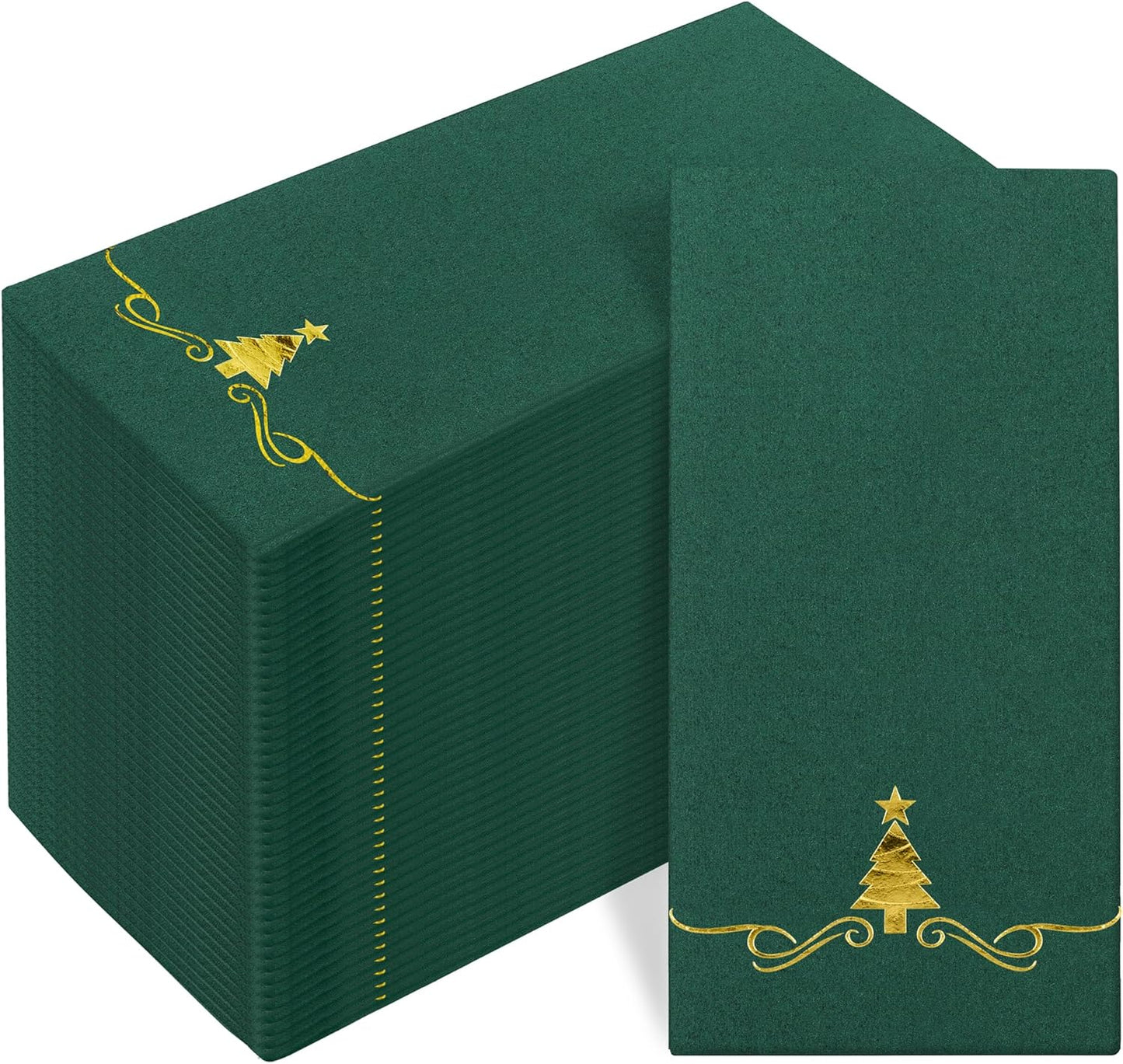100 Pack Christmas Disposable Guest Napkins 12 x 17 Inch Gold Foil Christmas Trees Napkins Xmas Tree Hand Towels for Bathroom Kitchen Weddings Christmas Holiday Party, Green