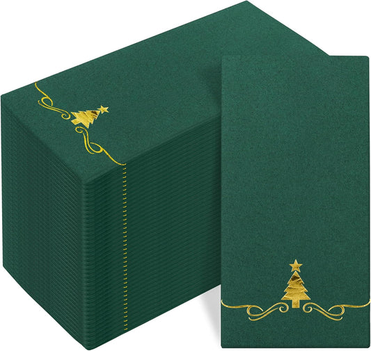 100 Pack Christmas Disposable Guest Napkins 12 x 17 Inch Gold Foil Christmas Trees Napkins Xmas Tree Hand Towels for Bathroom Kitchen Weddings Christmas Holiday Party, Green