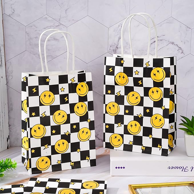 JarThenaAMCS 24Pcs One Happy Dude Party Favor Bags Smile Face Lightning Paper Gift Bag with Handles Checkered Goodie Treat Bags for Baby Shower Birthday Party Supplies