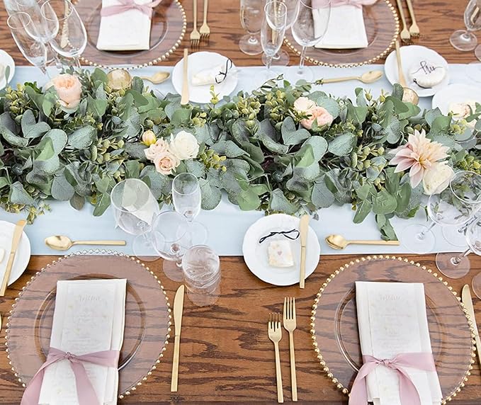 Ouddy Decor 2 Pack Eucalyptus Garland Total 13.1 Ft Lush Silver Dollar Leaves Boxwood Artificial Faux Greenery Vines for Baby Shower Wedding Party Table Runner Room Home Mantle Decor