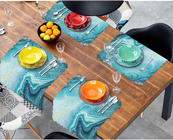 Blue Paint Gold Powder Cloth Napkins Set of 4 Soft Marble Swirls Agate Ripples Bright Ink Water Polyester Dinner Square Napkin for Family Restaurant Weddings Parties 18 x 18 inch