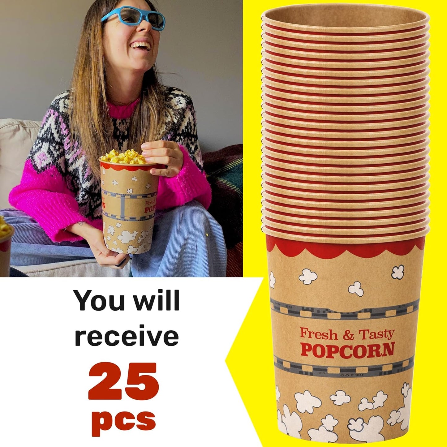 CUSINIUM 32 oz 25-Pack Kraft Popcorn Buckets - Large Popcorn Tubs