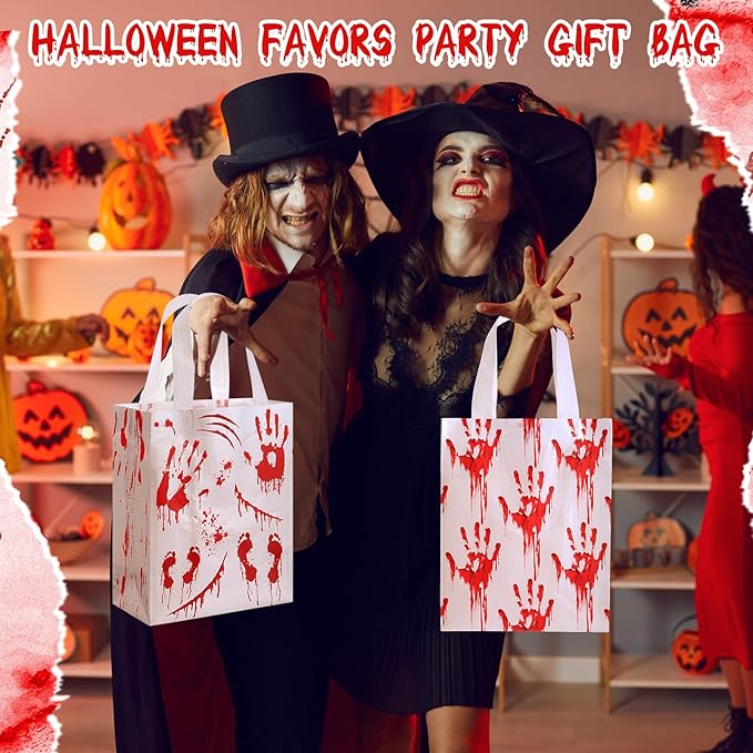 Wovnet 30 Pcs Halloween Party Favor Gift Bags Bloody Handprint Reusable Non Woven Goodie Treat Bags with Handle Horror Theme for Halloween Party Supplies 10 x 8 x 4in