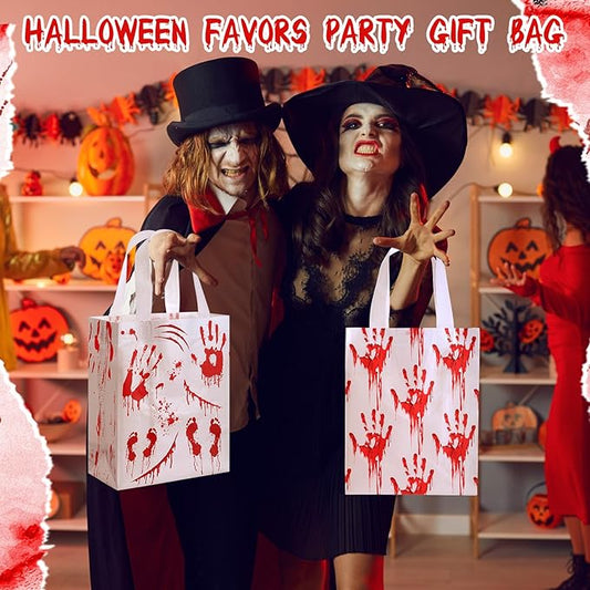 Wovnet 30 Pcs Halloween Party Favor Gift Bags Bloody Handprint Reusable Non Woven Goodie Treat Bags with Handle Horror Theme for Halloween Party Supplies 10 x 8 x 4in