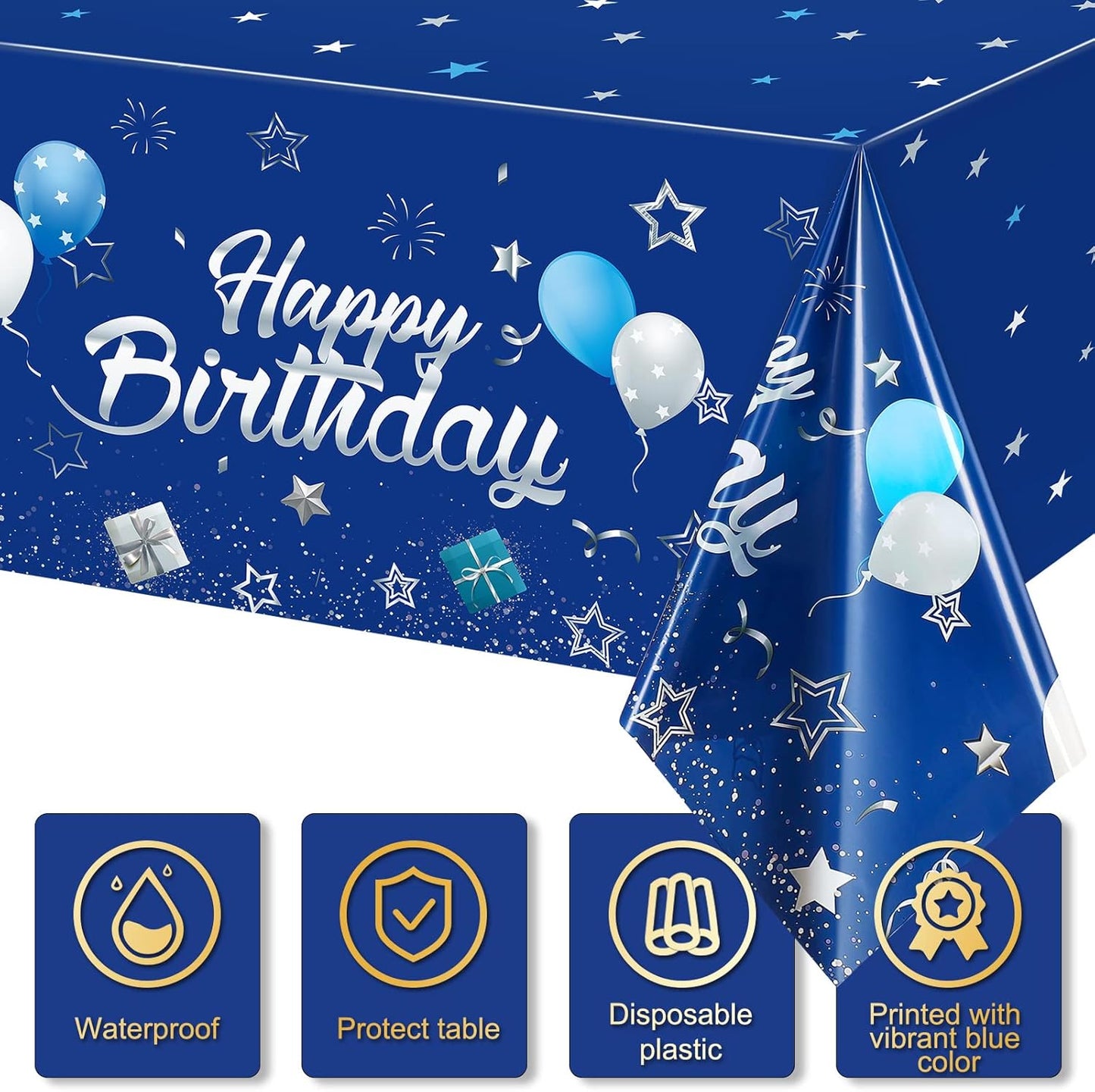 Tegeme Navy Blue Party Supplies Stars Happy Birthday Tablecloths Starry Confetti Table Covers for Kids Boys Girls Baby Shower Birthday Party Decorations(Navy Blue and Silver,1 Pack)