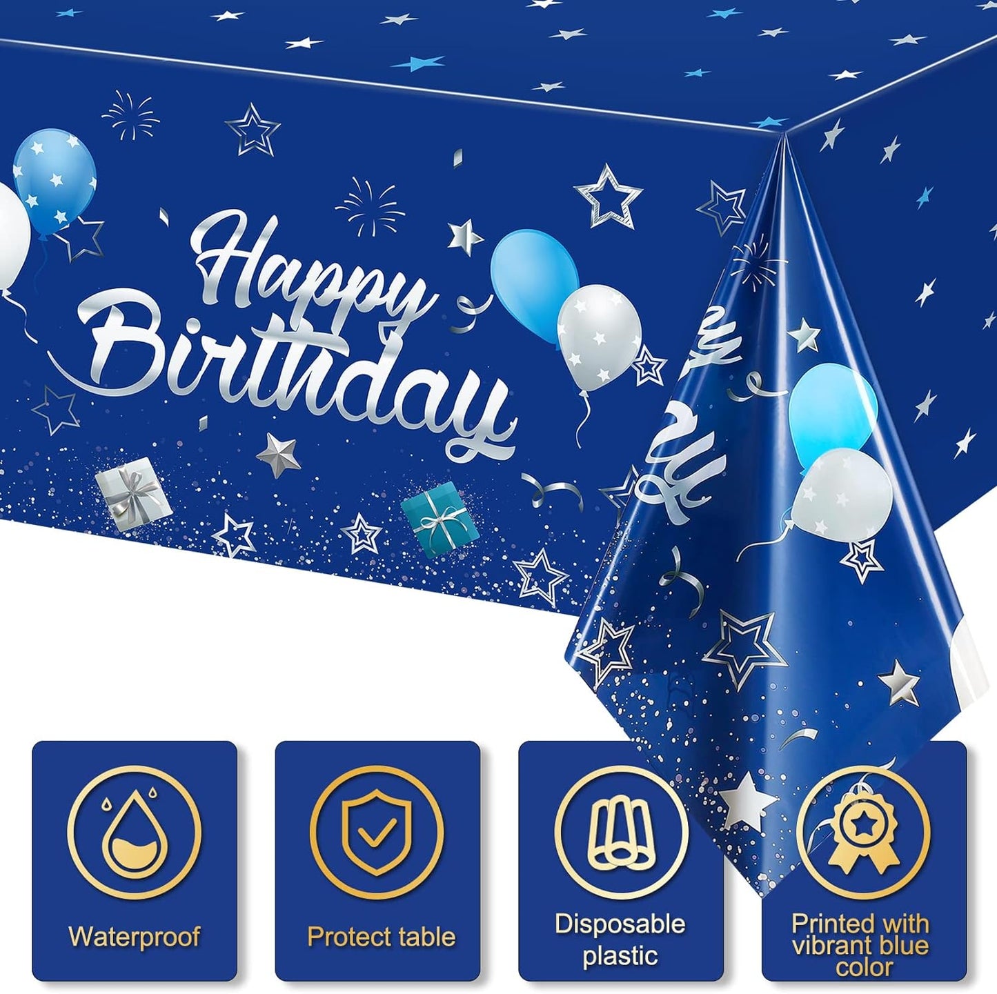 Tegeme Navy Blue Party Supplies Stars Happy Birthday Tablecloths Starry Confetti Table Covers for Kids Boys Girls Baby Shower Birthday Party Decorations(Navy Blue and Silver,3 Pack)